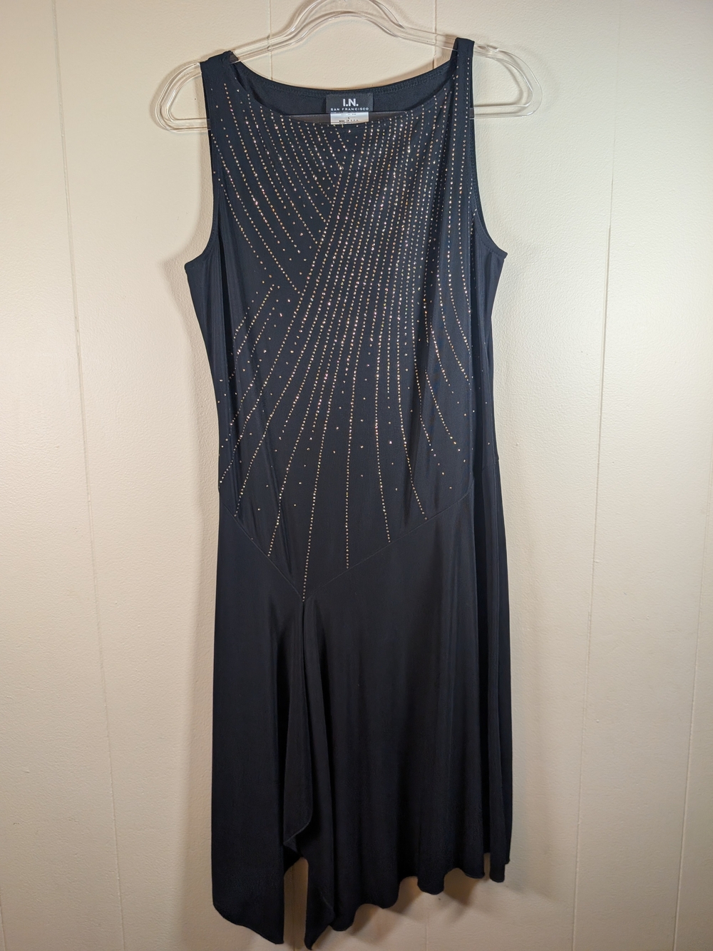 Vintage I.N. San Francisco Black Rhinestone Maxi Dress L Made USA 90s Glam